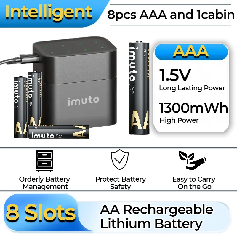 

8-Slot AAA Fast Charger for 1.5V Lithium AAA Batteries, 1300mWh Capacity with Independent Slot LCD Display USB-C Smart Charging