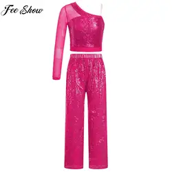 Children Girls Jazz Dance Cheerleading Performance Costume Shiny Sequin One Shoulder Sheer Mesh Crop Top with Pants Dancewear