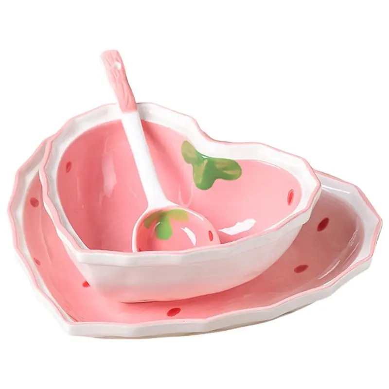 

A26F-Salad Dessert Bowl Spoon Plate Set Decorated With High Beauty Girl S' Favorite Strawberries Household Tableware 3Pc