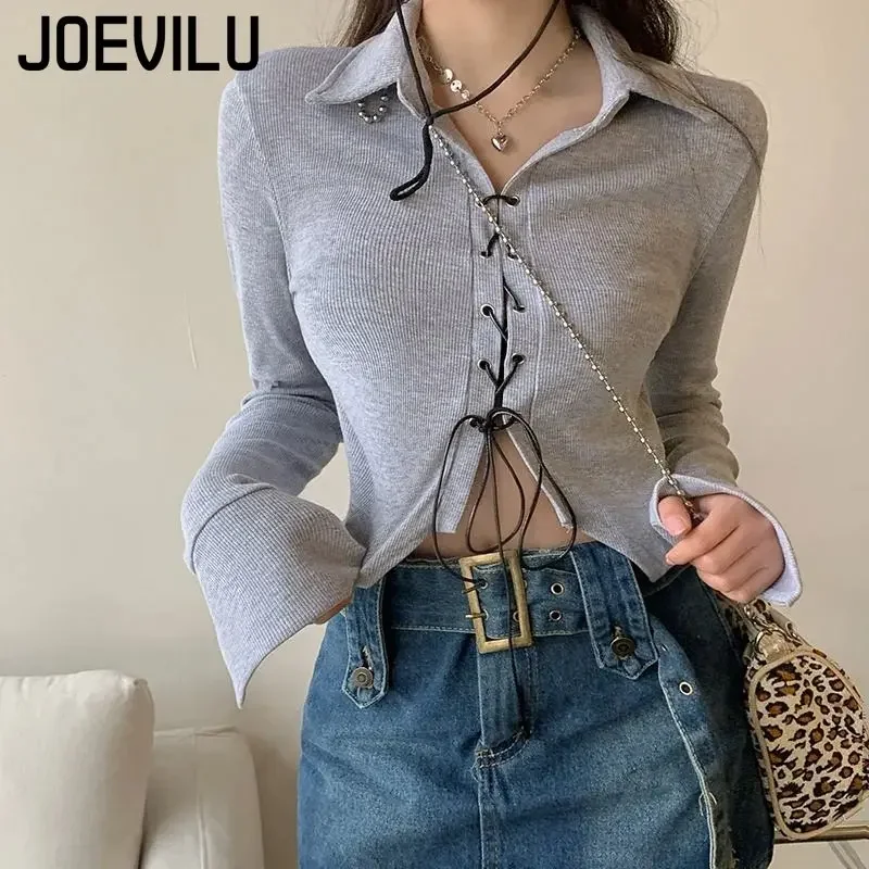 JOEVILU Bandage T-shirt Polo Neck Irregular CropTop Babes Korean Slim Long Sleeve Tee Vintage Gothic Y2k Clothes Skinny Shirt