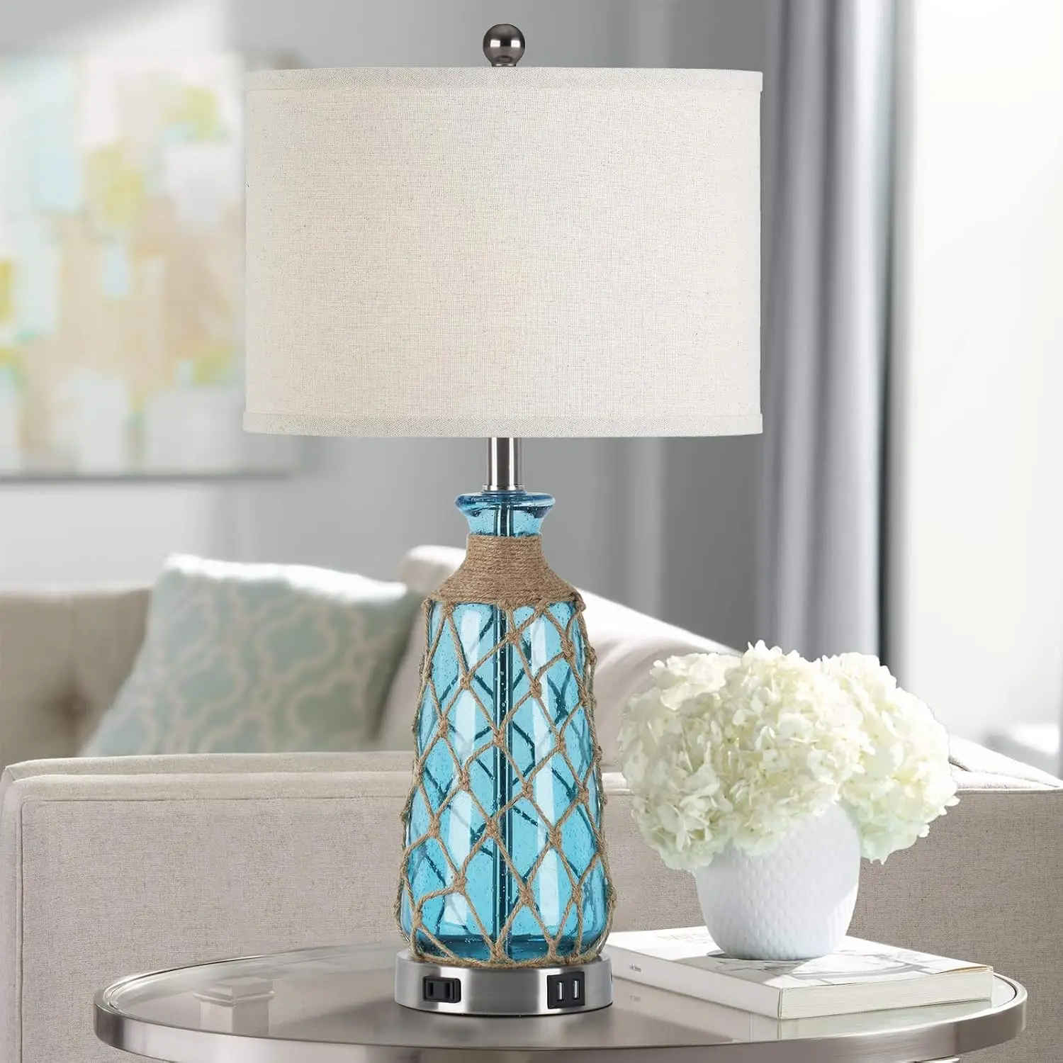 ティールバブルガラステーブルランプ、調光可能なタッチコントロール、USBポート、寝室リビングルーム用ACコンセント付き