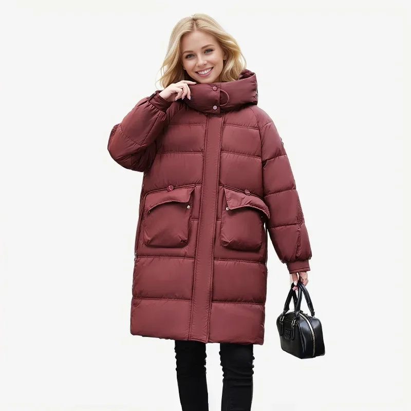 2024 Down Cotton Padded Coach Women\'s Winter Parka Pockets Medium-Length Coat New Female Hooded Warm Cotton Jacket Wholesale