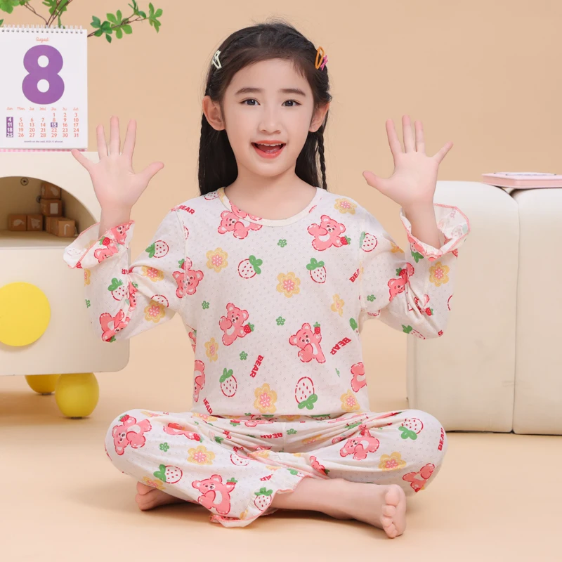 Süßes Cartoon-Loungewear-Set für Mädchen mit Rüschenärmeln, Frühling/Herbst Niedlicher Prinzessinnen-Stil Baumwoll-Schlafanzug Zweiteiliges Set
