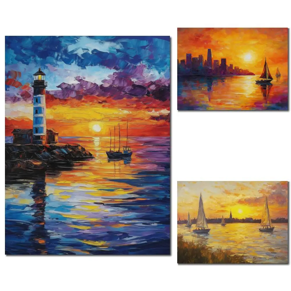 

Hand-Painted Abstract Seascape Urban Skyline Oil Painting Textured Modern Canvas Art for Contemporary Office Hotel Wall Decor