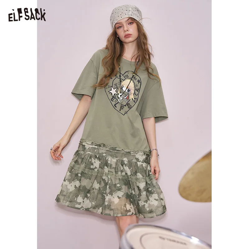 ELFSACK 2025 Summer New Arrival Cool Sweet Original Printed Loose T-Shirt Dress Camouflage Mesh Splicing Dress For Woman