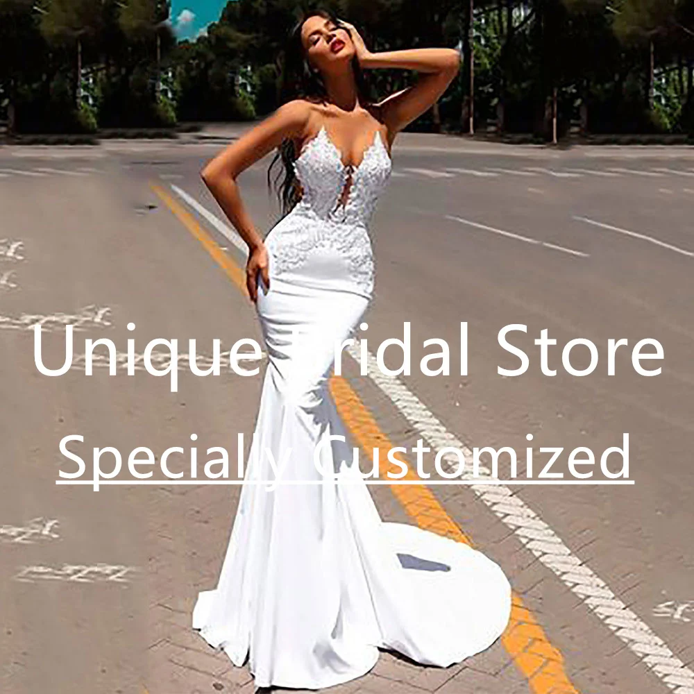 

Fashion Mermaid Wedding Dress V-Neck Applique Sleeveless Jersey Back Soft Tulle Draped Court Train Bridal Dresses Bride Gown