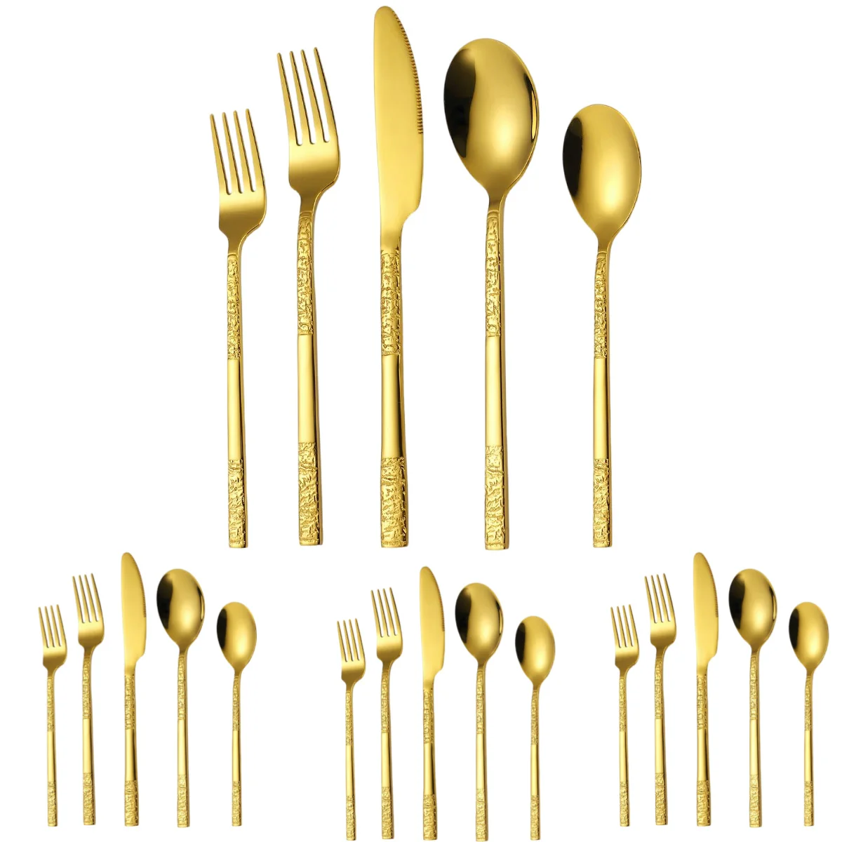 A · HOUSEWARE Gold Silverware Set for 4 Stone Pattern Handle Stainless Steel Flatware Unique Textured Design Eating Utensils