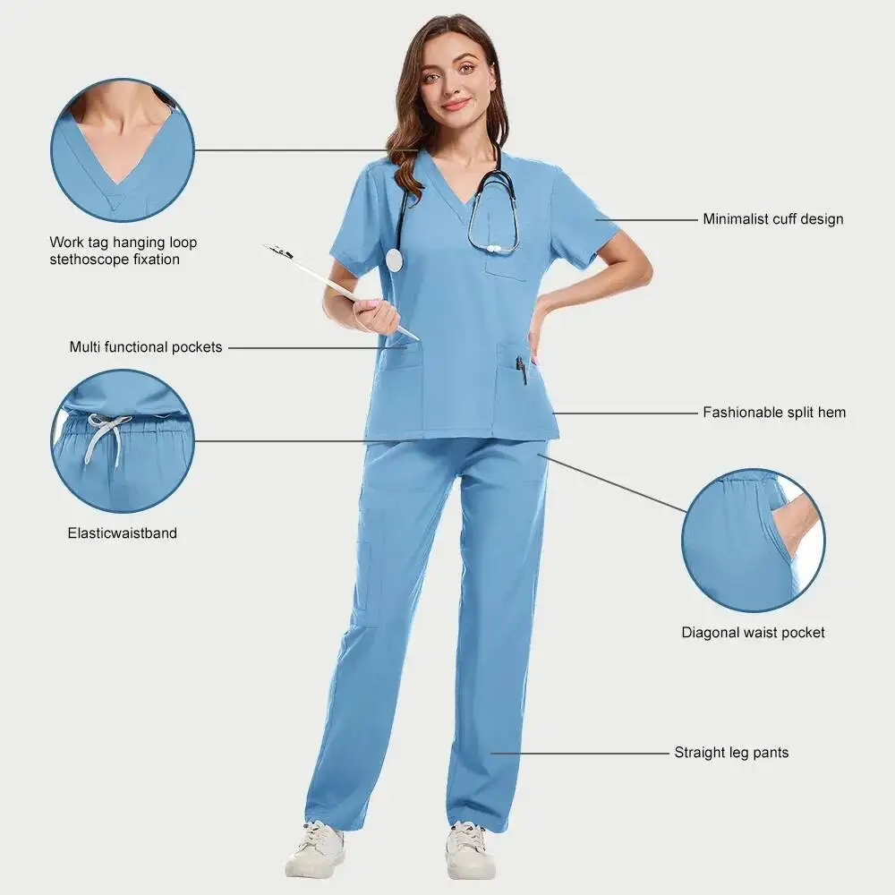 Neue Peelings Set Medizinische Uniformen Stretch Peeling Tops Mit Tasche Hosen Krankenschwester Uniform Arzt Chirurgie Overalls Schönheit Salon Arbeitskleidung