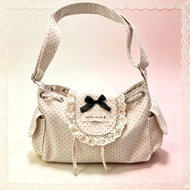 Lace Polka Dot Shoulder Bag Sweet Lolita Style Handbag Korean Cute Bow Drawstring Flap Crossbody Multiple Pocket Vintage Purse