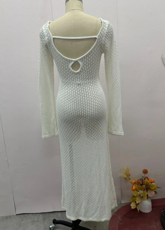 Women Dresses 2024 Spring Sexy Perspective Hollow Out V-Neck Long Sleeved Backless Casual Solid Color Beach Vacation Long Dress