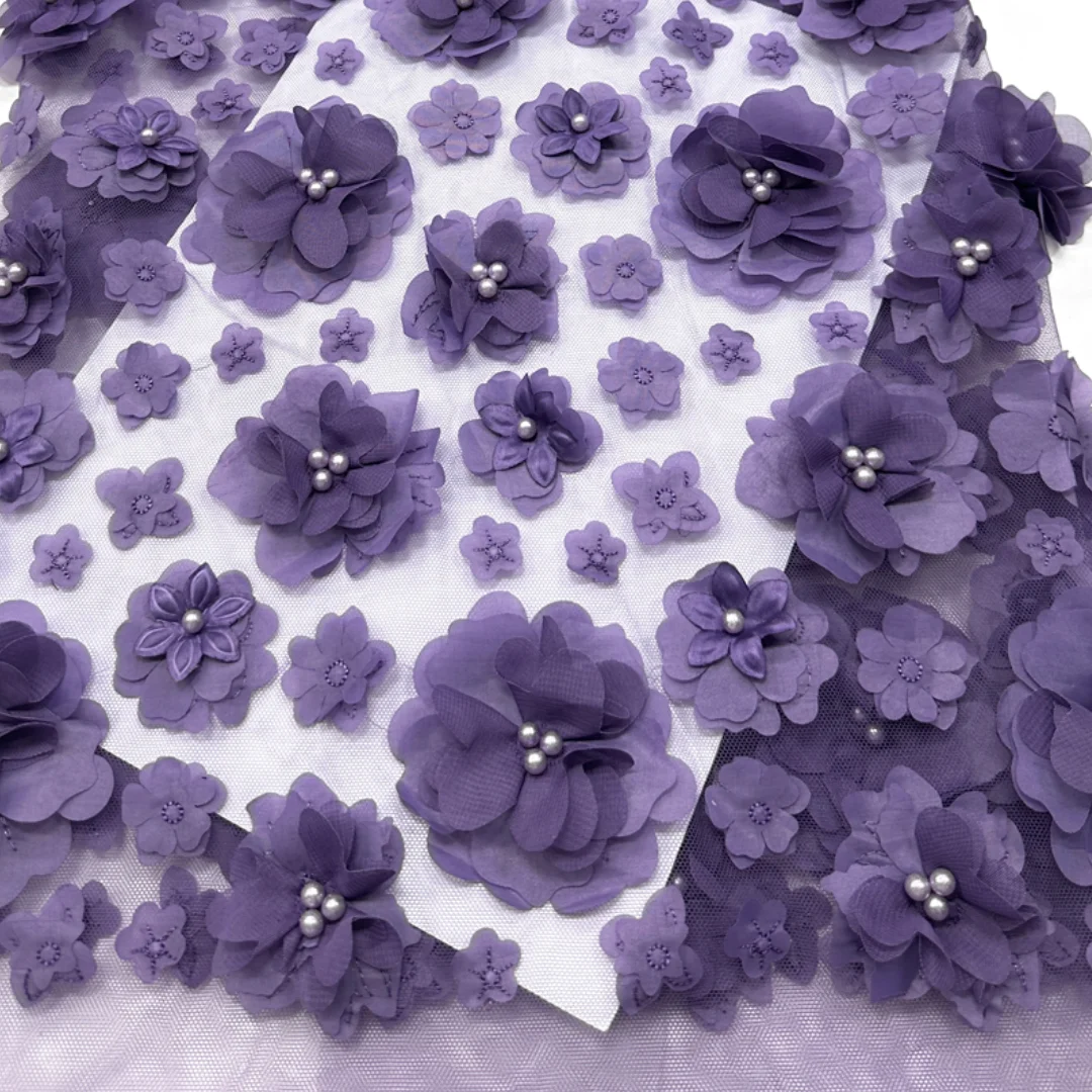 3D Applique Floral Beaded Tulle Lace Fabric Flower Mesh Layered Bloom For Sewing Wedding Evening Prom Dress Material 5 yards