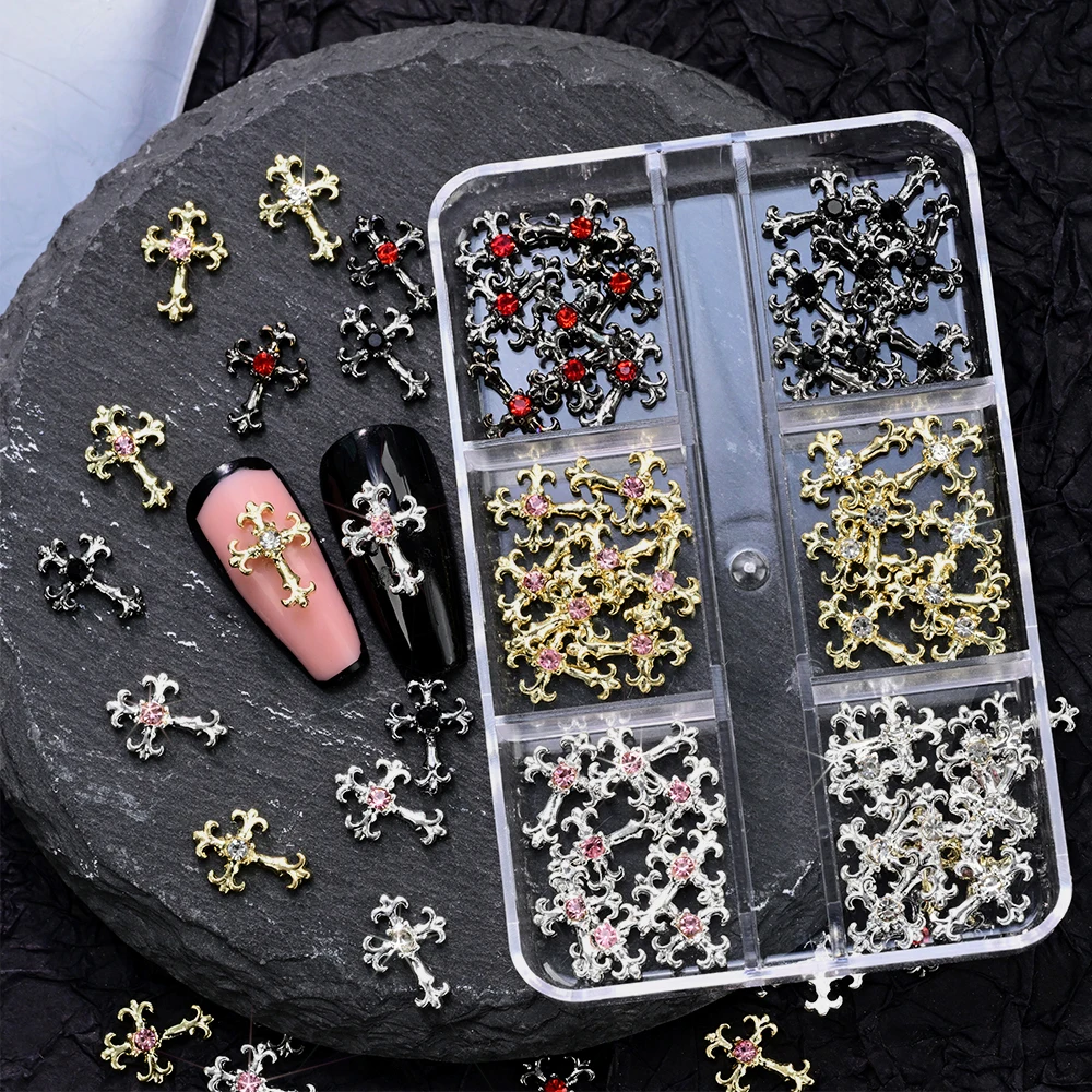 48Pcs Y2K Shiny Vintage Cross Nail Art Charms With Rhinestones Metal Punk Black Silver Gold Y2K Premium Nail Cross Gothic Decor