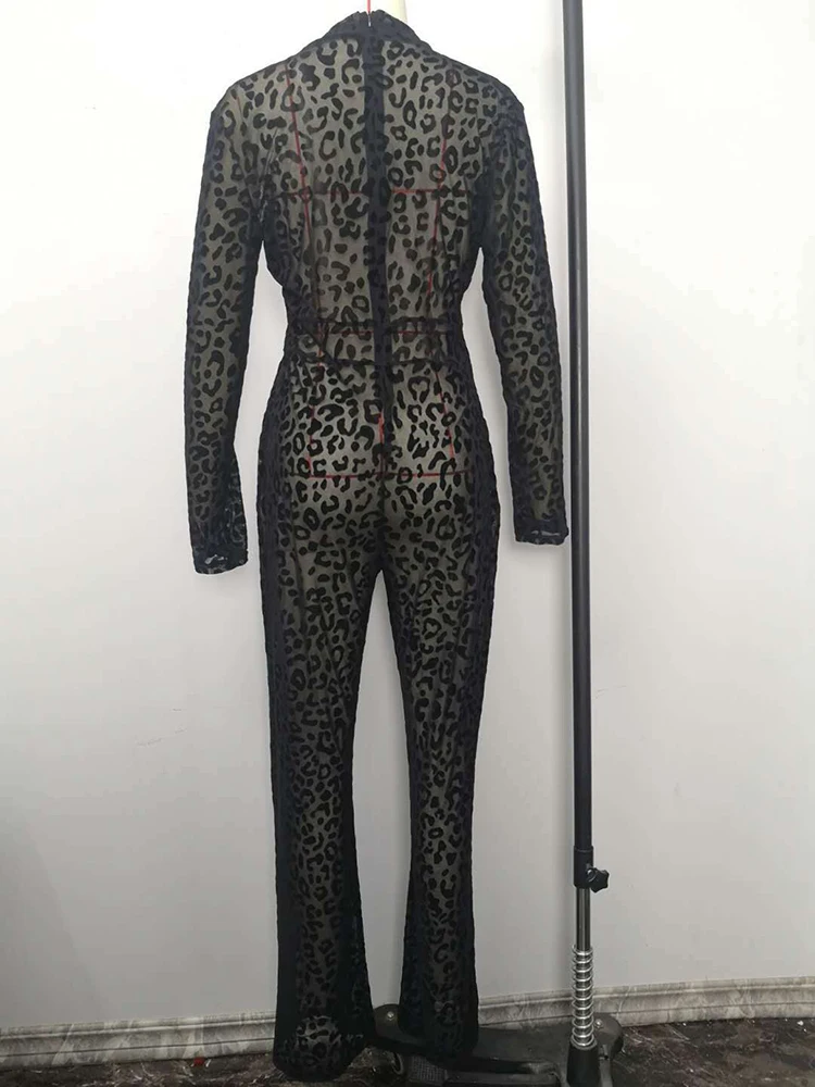 Sibybo Fashion Gauze Jumpsuits Sexy Leopard Print See Through Rompers Casual Basic Long Sleeves Wide Leg Pants Hot Girl Clothing