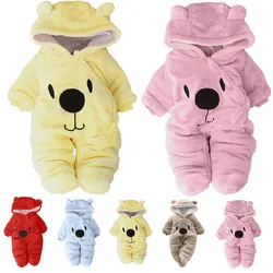 2024 Winter Newborn Thick Clothes Baby Boys Girls Romper Cartoon Bear Plush Cute Overall Jumpsuit For Kids Infant Warm Clothing