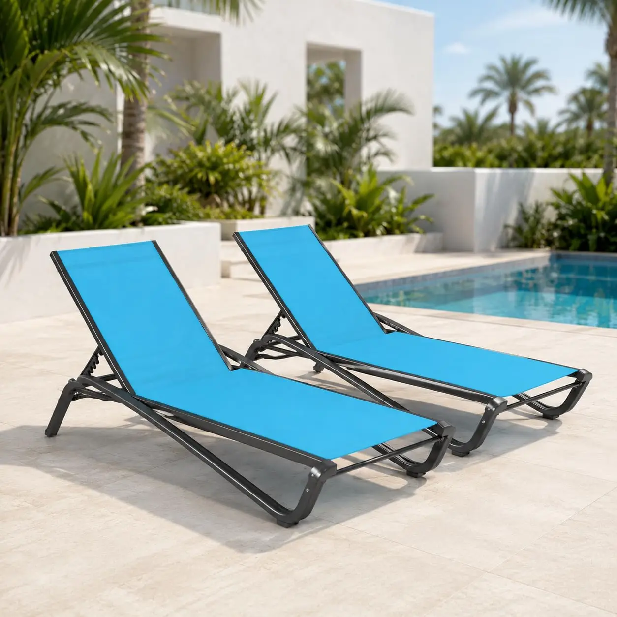Set of 2 Patio Chaise Lounge Chairs, All-Weather Aluminum Pool Loungers for Outside, 5-Position Adjustable Sunbathing