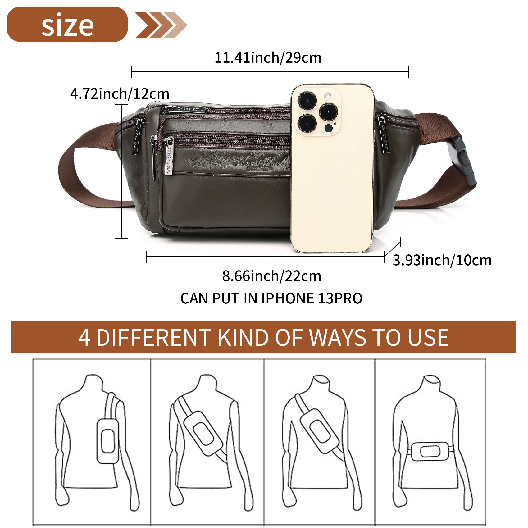 Genuine Leather Fanny Pack Waist Bag for Men Women Hip Bum Bag  Multi-Pockets Waist Belt Bag for Travel  Cycling Fishing Running