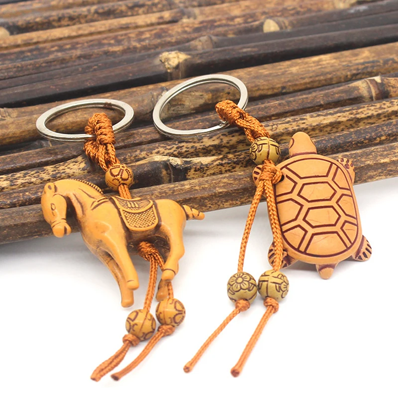 Turtle Keychain Wooden Vintage Horse Pendant Wood Animal Keyring for Men Women Bag Charms