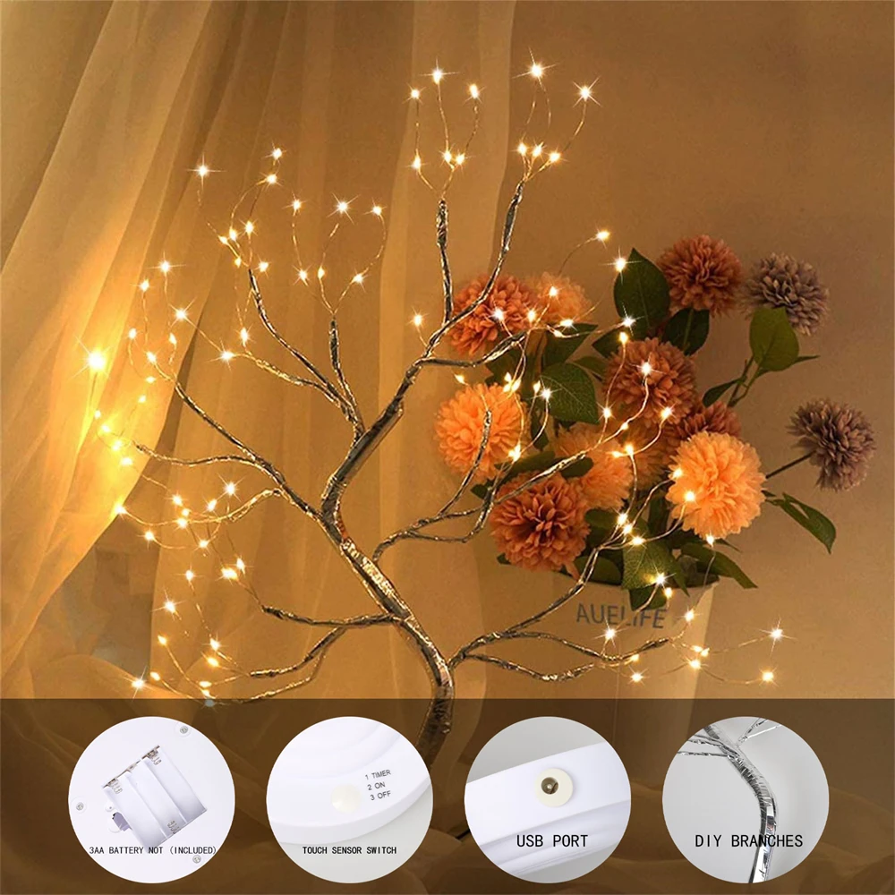 108 LED Night Light Tabletop Bonsai Lighted Table Lamp Tree Copper Wire Garland Lamp Decorations Christmas Home Fairy Light