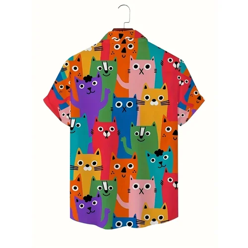 Imagen 2 del producto Camisa con estampado 3D de gato de dibujos animados, camisa hawaiana de manga corta Unisex de vitalidad juvenil de verano, Tops con solapa Harajuku de moda urbana