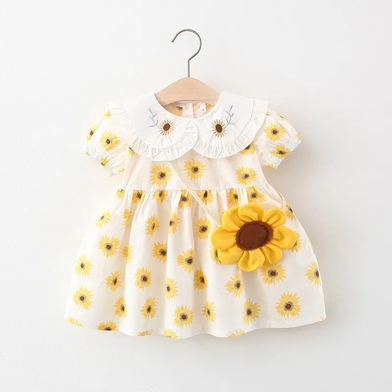 

New Clothes Girls 0-3old Summer 90% cotton new girl dress with Sunflower princess 73-100 children kids clothing baby