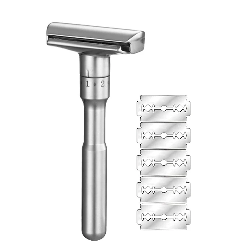 Full Zinc Alloy Metal Safety Razor For Men, Adjustable Close Shaving Classic Double Edge Razor With 5 Blades