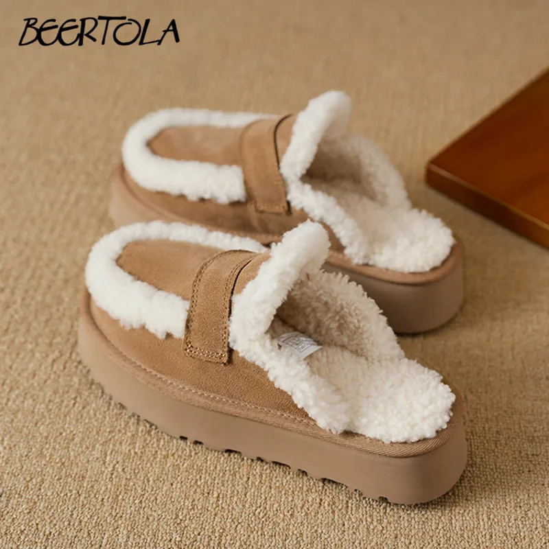 

Women's Winter Thick-Soled Slip-On Slippers Fur-Lined Fur-Covered Slippers Thickened and Velvet Comfortable and Warm Snow Boots