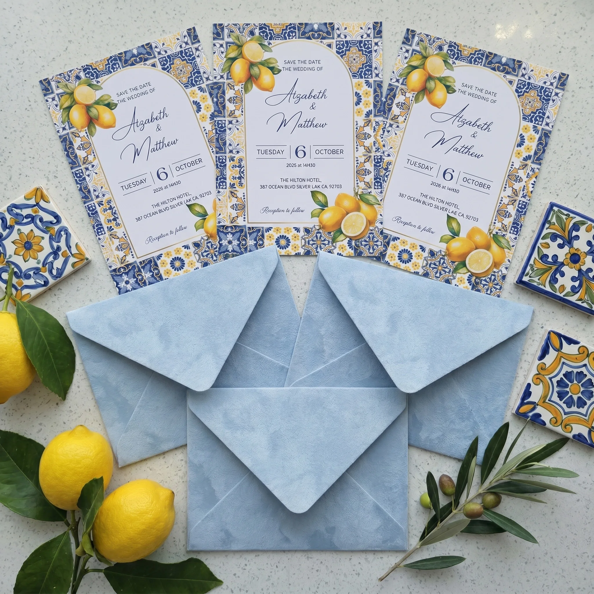 

50 Pcs Lemon Wedding Invitation Kits Customizable Watercolor Mediterranean Style Summer Wedding Invites with Velvet Envelopes