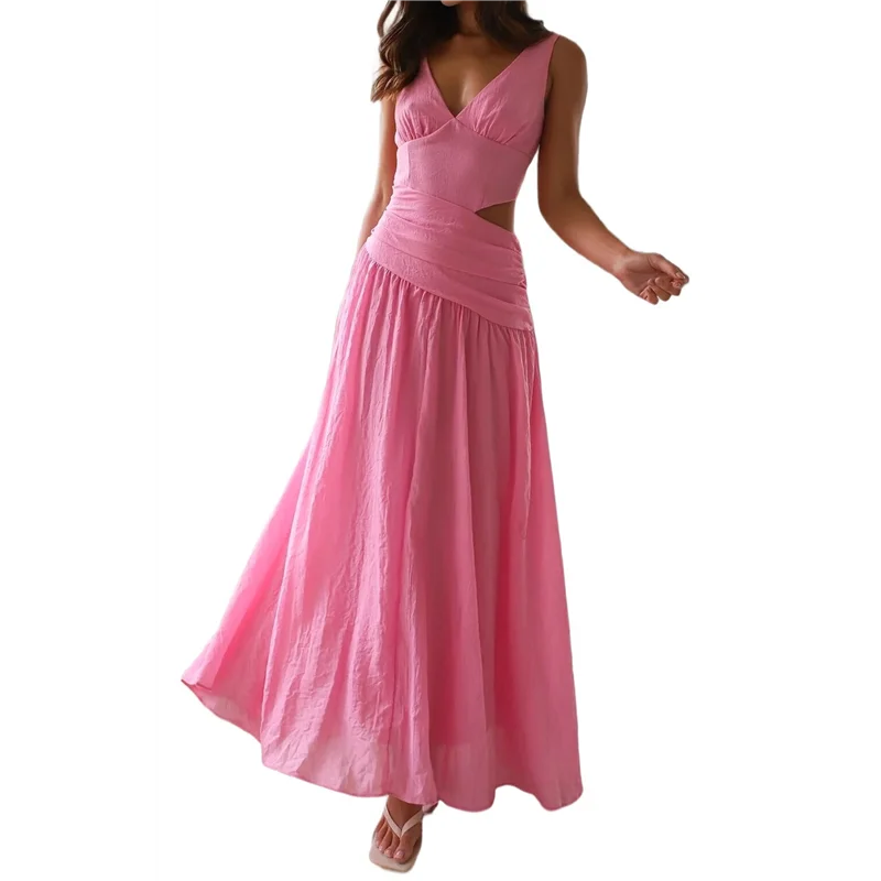 【SEE】レディース ロング ドロップ ウエスト シャーリング サマー パーティー ドレス 流れるような V ネック カットアウト プリーツ レディース ドレス