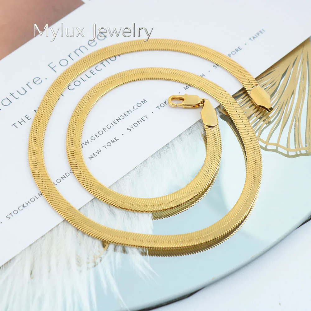 Mylux Jewelry Luxury 24K 9999 Pure Gold real gold Women's Minimalist Fishbone Chain Necklace 45cm 50CM Flat Snake Bone Chain