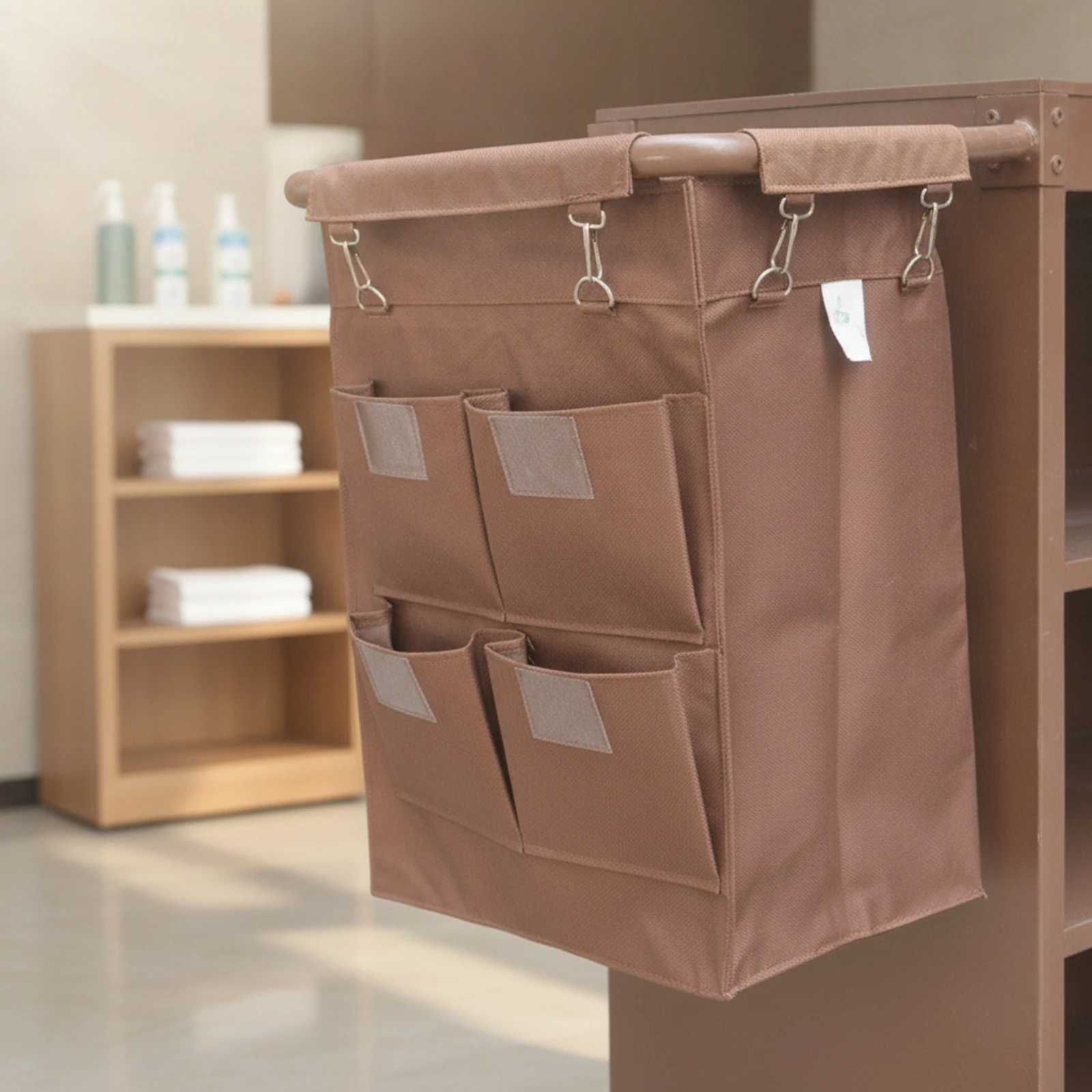 Rectangular Cloth Laundry Bag with Attachment Rings Reinforced Hotel Laundry Bag with Pockets Space-Efficient
