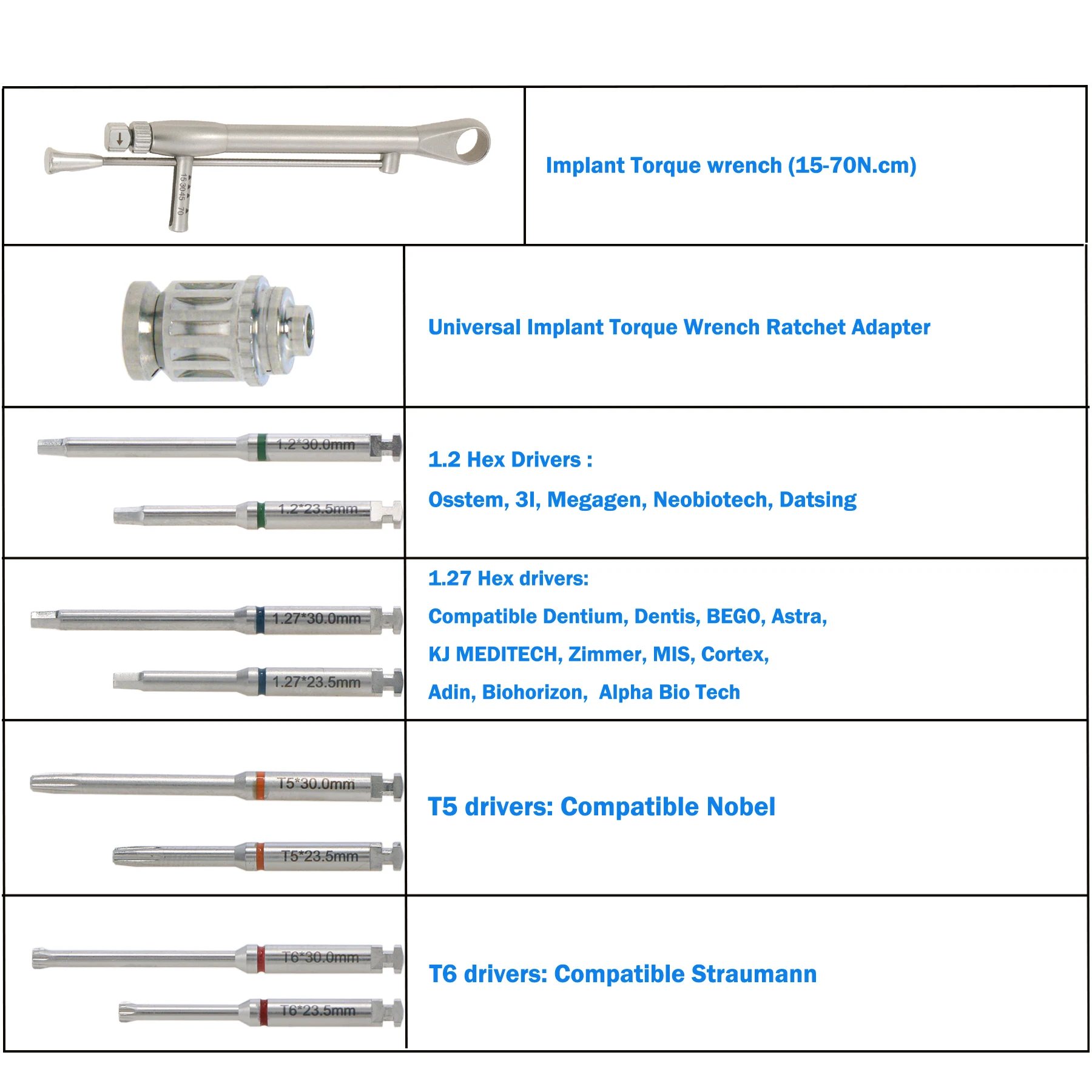 7mm Adapter Dental Implant Prosthetic Kit Adjustable Torque Wrench 10~70N Multi-Size Hex Screwdrivers fit Nobel/ITI/Osstem