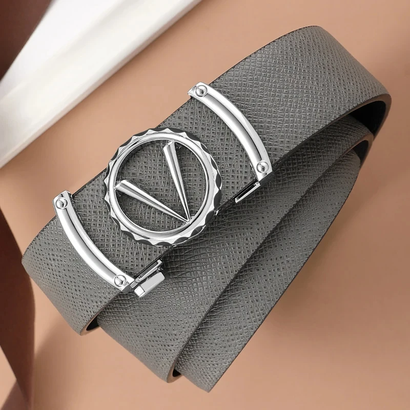 

2024 New Brown V Letter Leather Automatic Buckle Belt Men's Casual Designer Belts Boy Fashion High-Quality Belts AAA