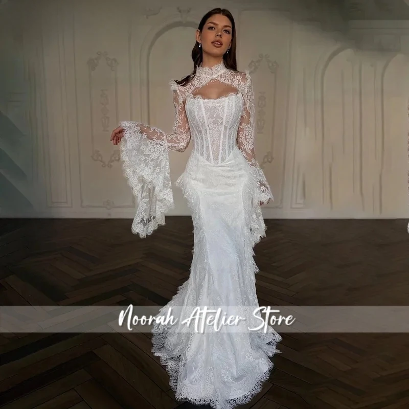 Custom Elegant White Lace Mermaid Wedding Dress High Neck Ruched Long Bell Sleeve Corset Backless Bridal Gown with Train