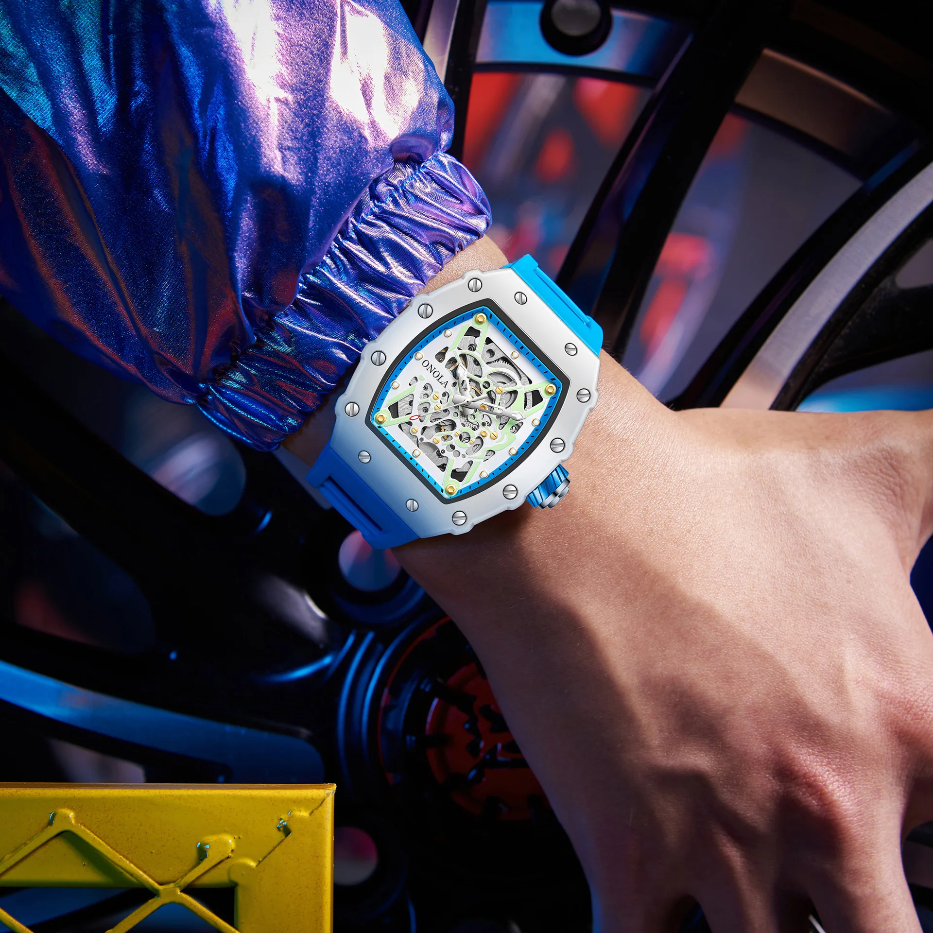 ساعات حركة أوتوماتيكية جديدة راقية للرجال موضة رياضية مضيئة مقاوم للماء ساعات آلية مجوفة ساعة هيكل عظمي للرجال #6