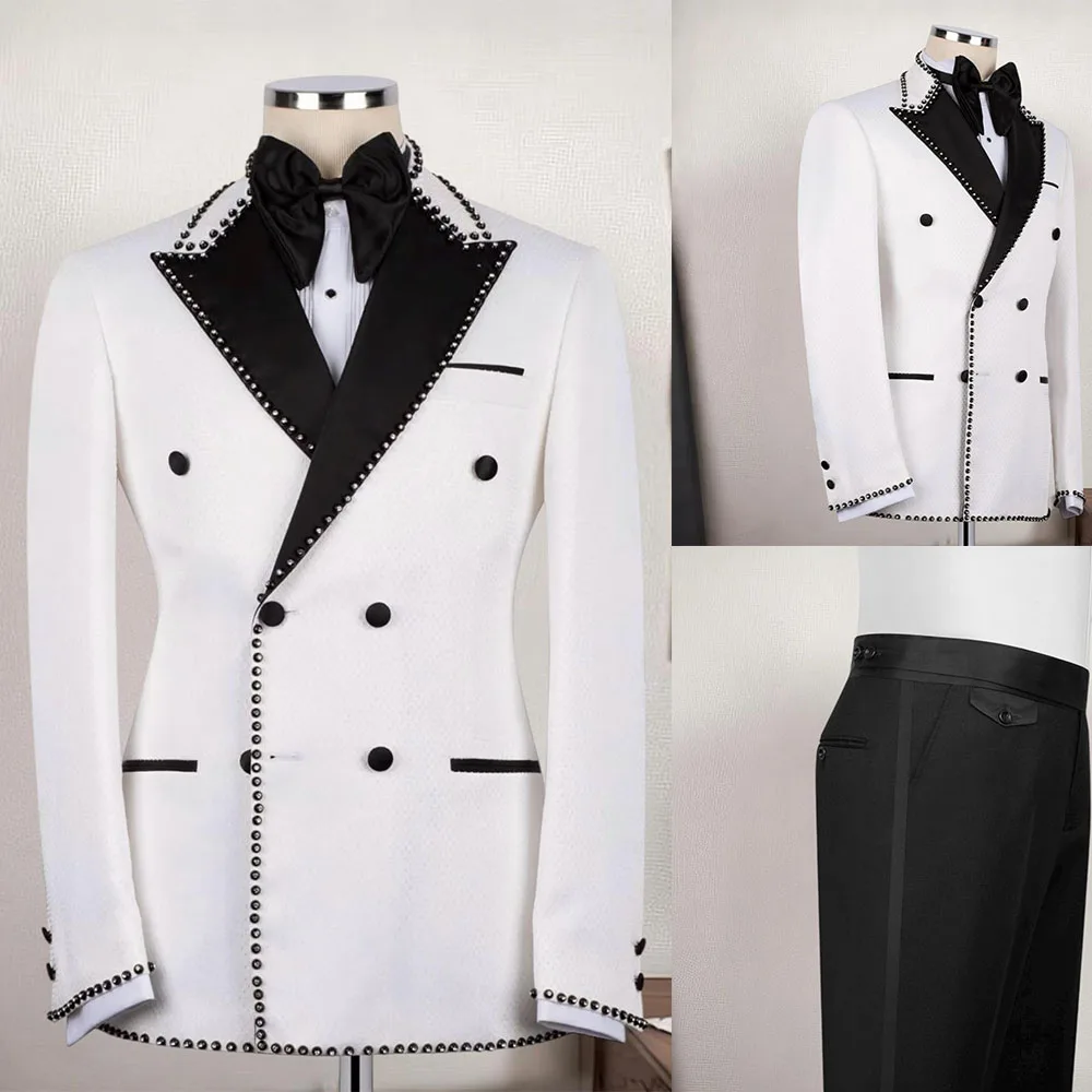 

Stylish Wedding Suits 2 Pieces Double Breasted Slim Fit Beads Groom Tuxedos Prom Formal Occasion Custom Made Costumes Hommes