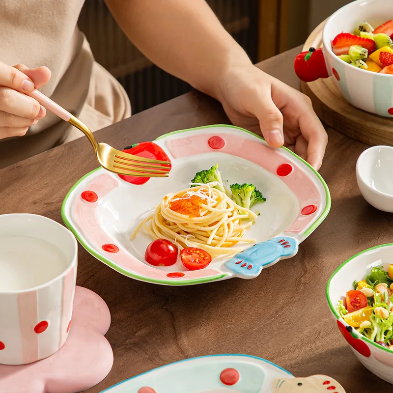 Cartoon Print Ceramic Tableware Colorful Print Salad Bowls Cute Kitched Noodle Bowl with Cover Household Strpes Plate Dinnerware