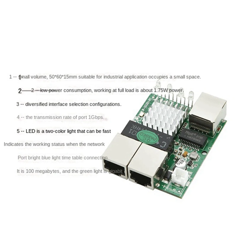 Módulo do interruptor de rede 5V-12V, Splitter de rede alimentado, 3 portas, Gigabit RJ45 padrão, categoria industrial, Min, 1000m