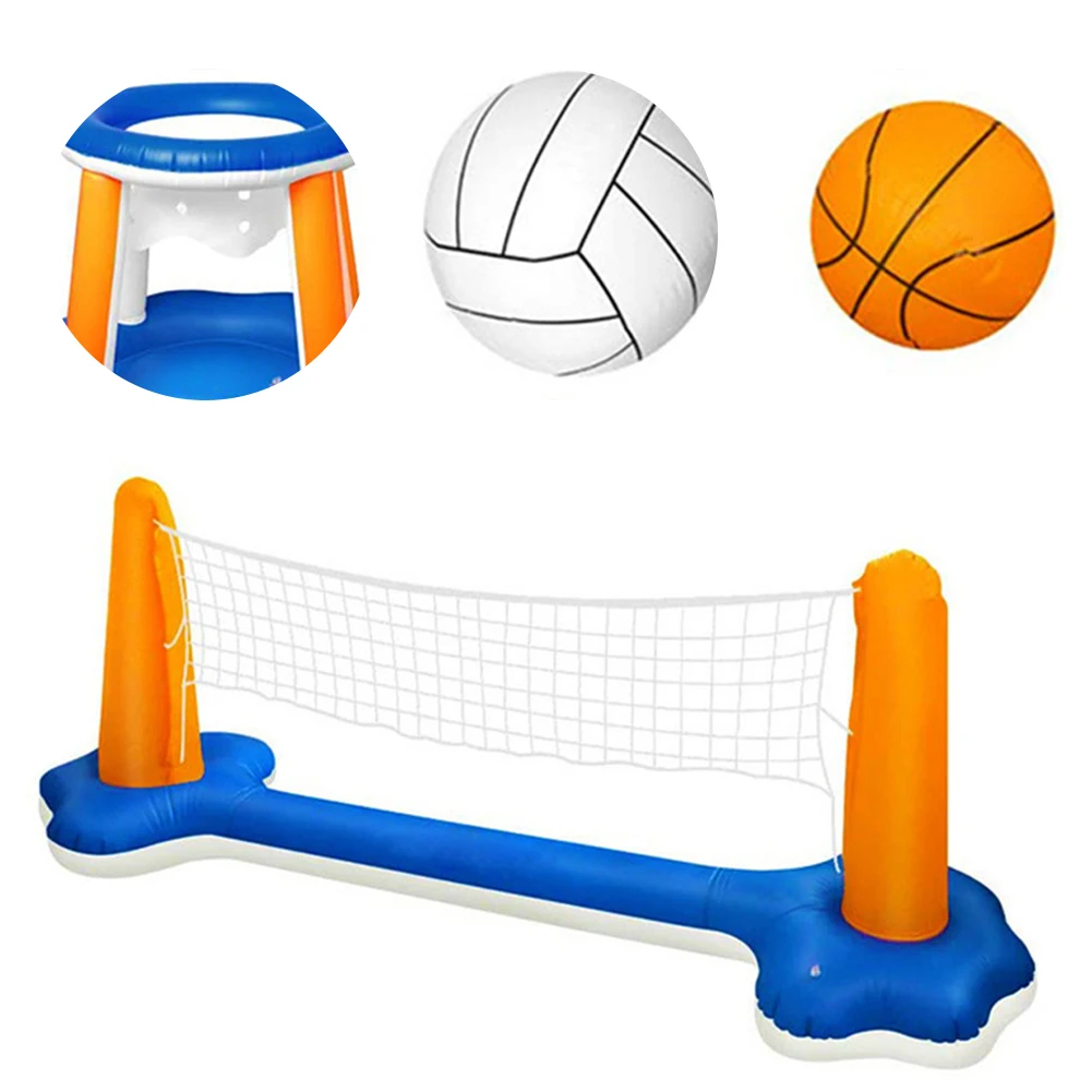 Floating Volleyball Set 2 Balls Pool Volleyball Set & Basketball Hoop Pool Basketball and Volleyball Game for Summer Water Fun