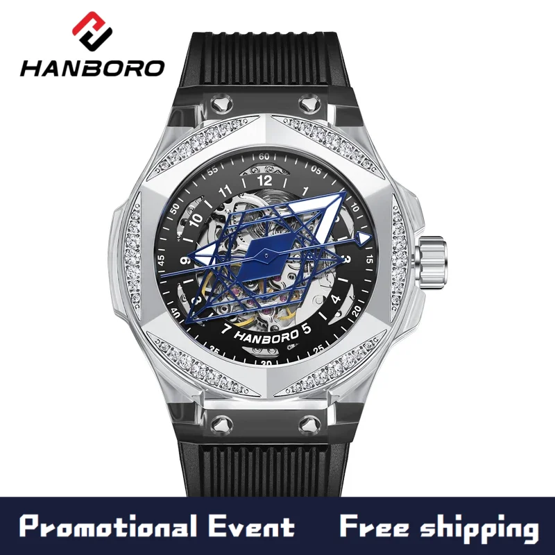 HANBORO tattoo elements creative watch hands for men&women mechanical watches transparent case hollow mechanical watch