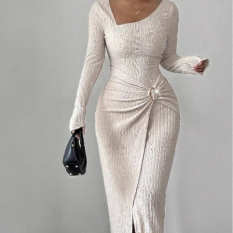 

Fashion Versatile Solid Color Geometric Oblique Neck Hip Wrap Waist Dress Split Sleeve Long Sleeve Dress