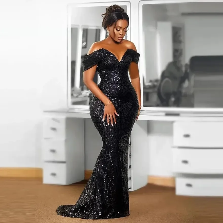 

New Sequined Black Prom Dresses For African Women Off The Shoulder Aso Ebi Mermaid Evening Dress Customized