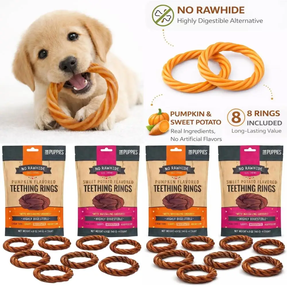 

Digestible Pumpkin & Sweet Potato Teething Rings (8-Pack) - Ideal Hide-Free Dog Chews