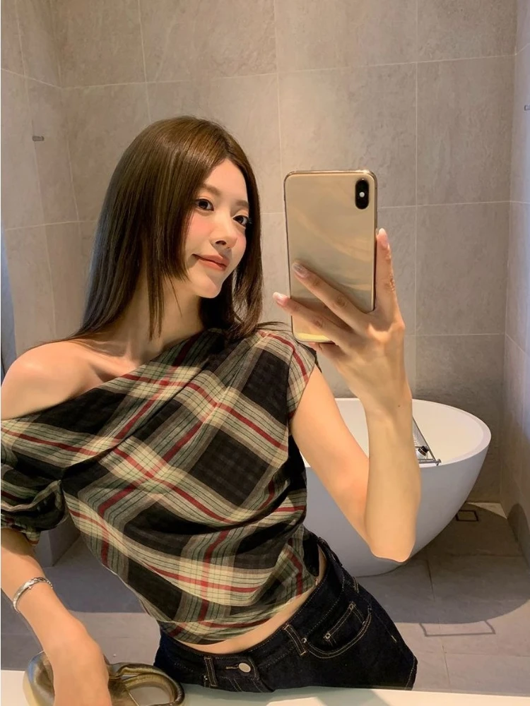 Y2k Aesthetic Contrast Color Plaid Vintage Tops Streetwear Skew Collar Pleated Tshirts Women Grunge ​Harajuku Crop Slim Fit Tees