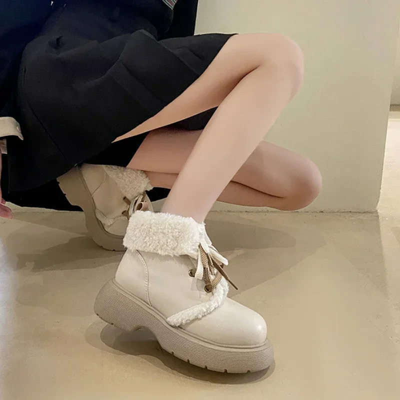 Female Shoes Punk Style Ankle Booties Ladies Snow Boots Elegant with Medium Heels Lolita Combat Mary Janes Lamb on Slip Plush Pu