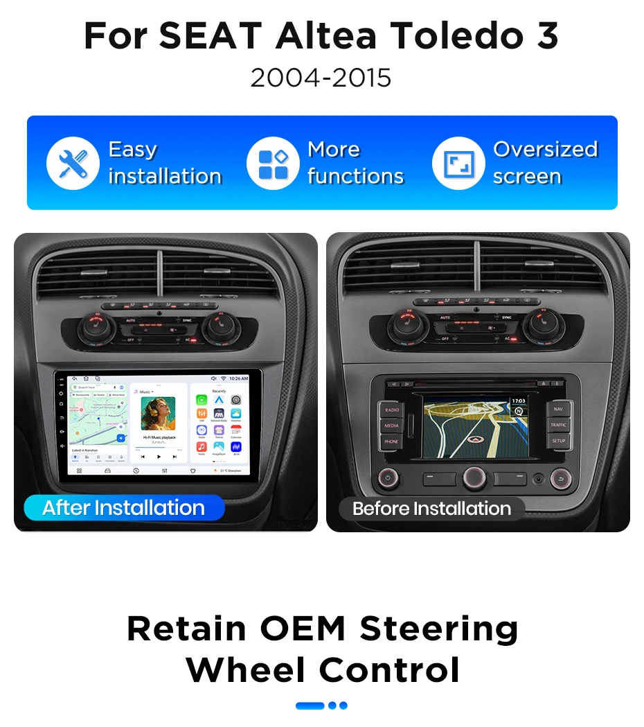 Junsun Android 15 Auto-Intelligentes System für Seat Altea XL Toledo 5P 3 2004-2015, kabelloses CarPlay für Apple Auto, 9" – Detail 5