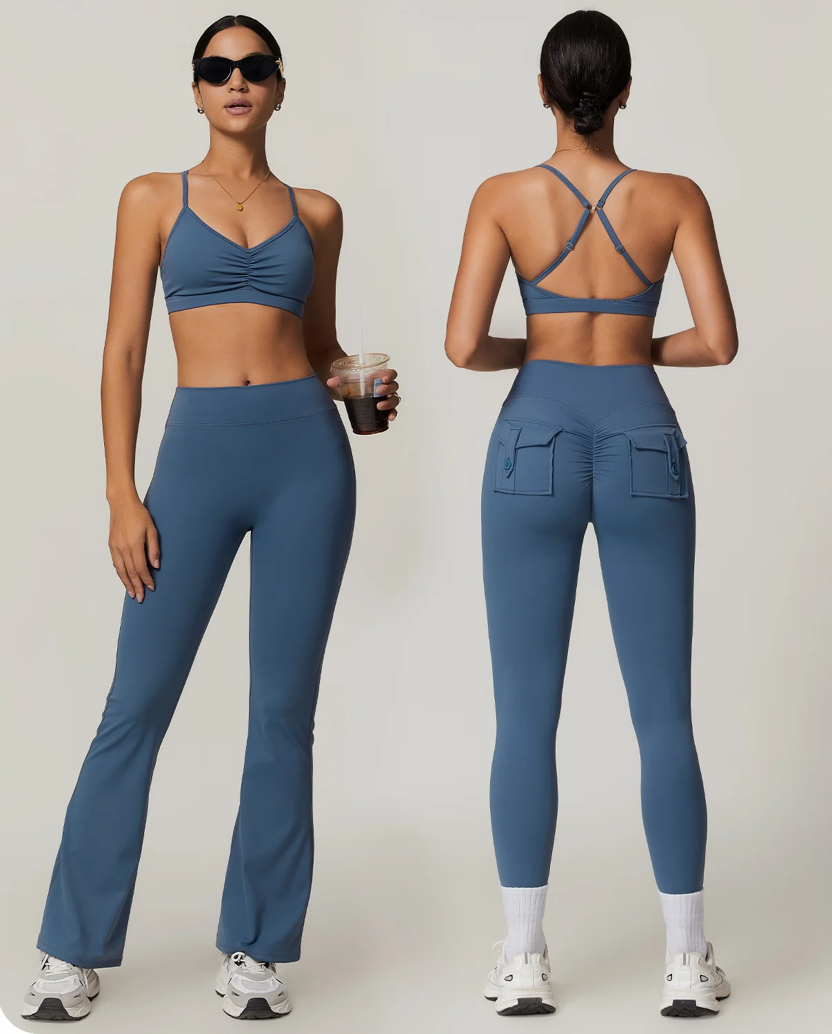 Women's 2pcs Gym Yoga Set Tight Fitting Sports Set Workout Breathable Bra Tank Top Loose Bell-bottoms Leggings with Pockets