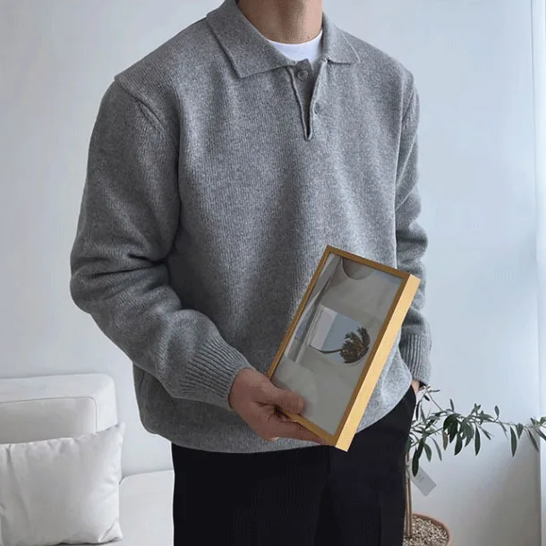 New Winter Men Pullovers Turn-down Collar Button Design Solid Color Casual Knitted Tops Loose Pullover Male Sweaters