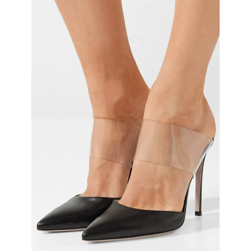 

2026 New Product Black Leather PVC Transparent Film Splicing Thin Heels Comfortable Outing Slippers for Women