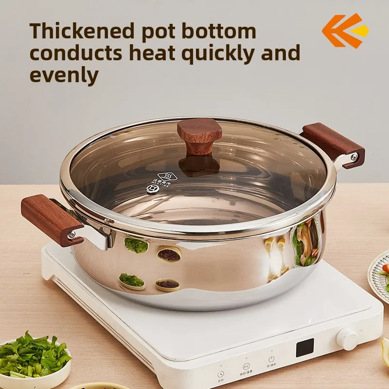 YJQ three-layer induction cooker special household stainless steel integrated pot solid wood handle uncoated large capacity