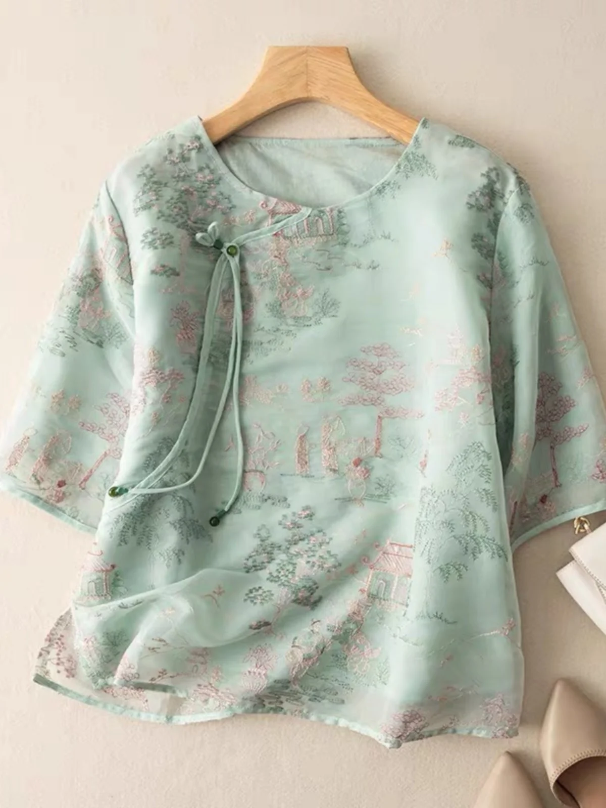 Ele besticktes irt chinesisches SLE-Top für Damen, neues Retro-Oberteil mit seitlichen Knöpfen, Sommer, Faion, Pendeln, lockere Passform, rund, neue...